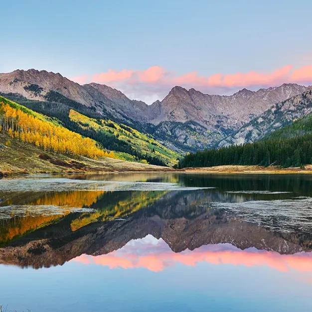 View of Piney Lake at Sunset near Vail, Colorado.